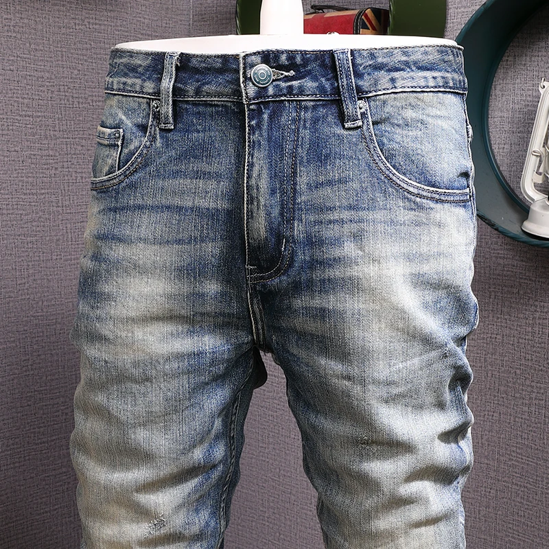 Italian Style Fashion Men Jeans High Quality Retro Blue Slim Fit Ripped Jeans Men Trousers Vintage Designer Denim Pants Hombre