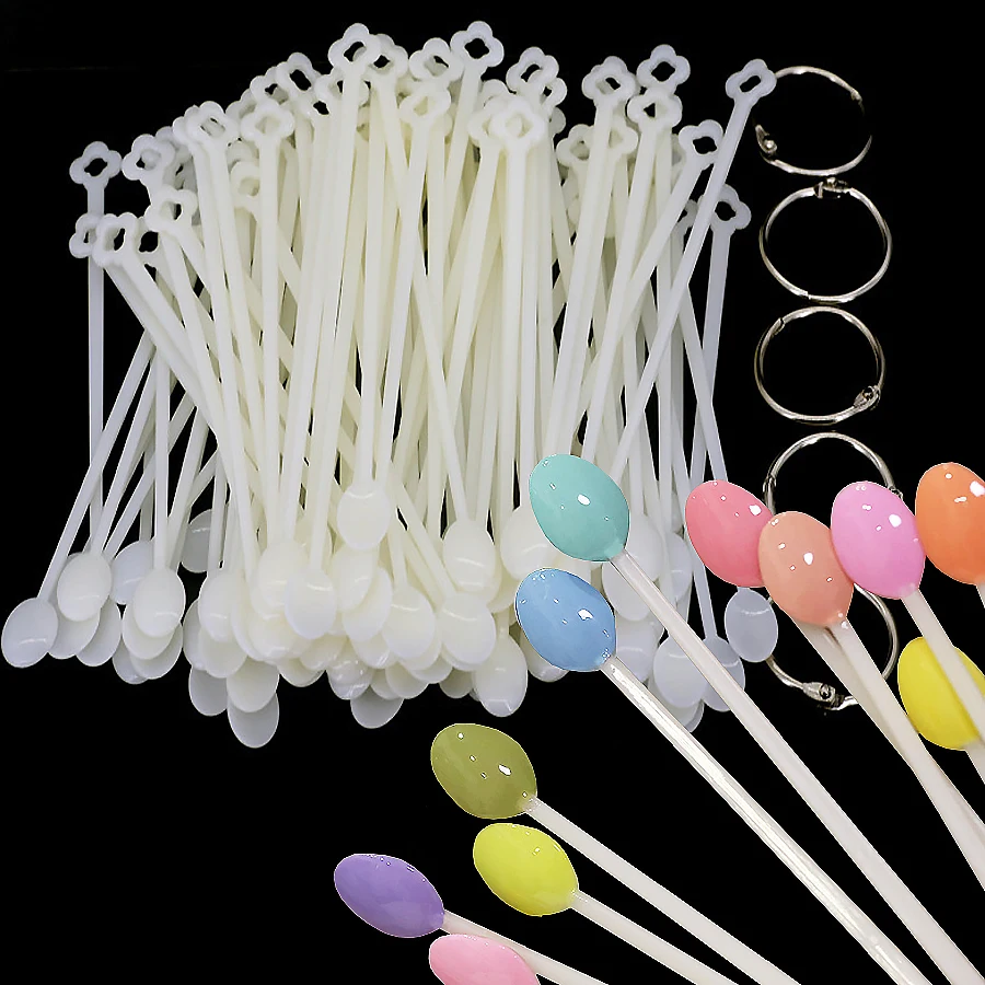 100Pcs Nail Art Spoon Color Chart Display Palette Gel Polish Color Sample Showcase Sticks with Metal Ring for Beauty Salon