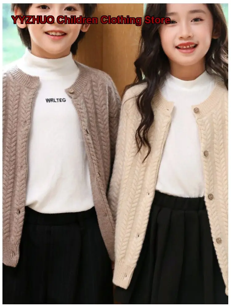 Kids Cashmere Knit Cardigan Boys Girls Round Neck Solid Color Thickened Warm