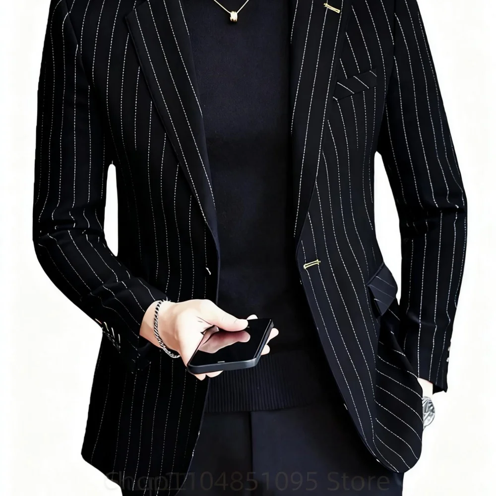 

Элегантный синий темно-синий мужской полосатый деловой пиджак, приталенный смокинг, повседневный свадебный костюм, однобортный пиджак с остроконечными лацканами