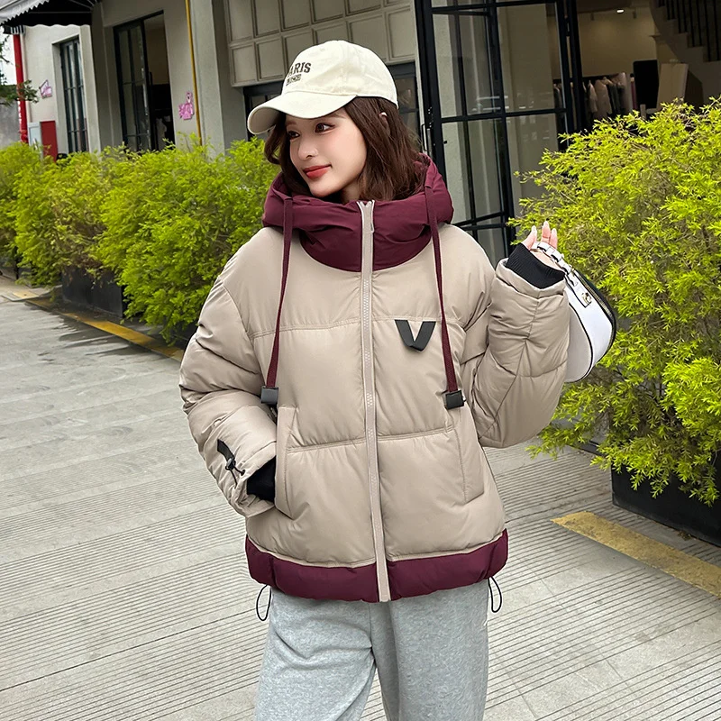 

2025 New Fashion Women's Winter Short Parkas Patchwork Contrast Color Cotton-padded Jacket Oversize Loose Coat Thicken Outerwear