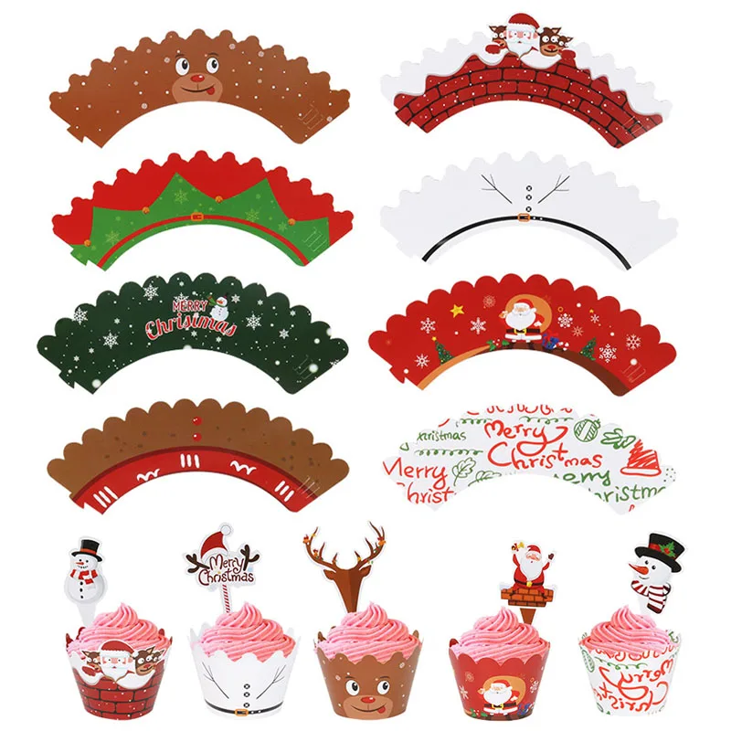 24sets Christmas Cupcake Toppers Cake Wrappers Bake Cake Paper Liner Wraps Muffin Case Christmas New Year Party Cake Decoration