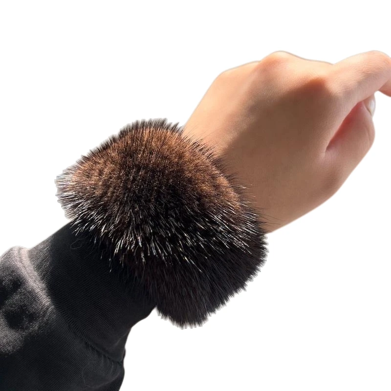 Winter Warm Real Mink Fur Cuff Luxury Arm Warmer Thick Furry Female Hand Ring Wristbands