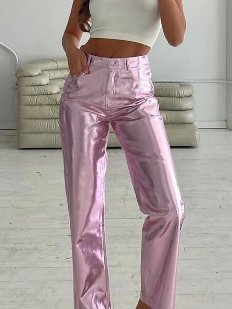 

Fashion Metallic Baggy Pants Women Sparkling PU Leather High Waist Straight Trousers Streetwear Reflective Casual Pants