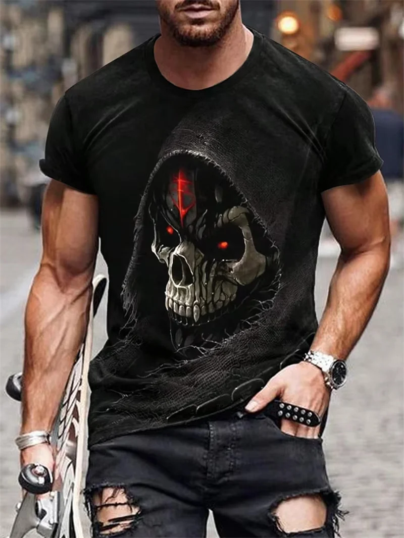 

Мужские футболки с рисунком ужасов и черепами, летние футболки с короткими рукавами и 3D принтом, уличная футболка со скелетом ужасов, 6XL, повседневные топы больших размеров