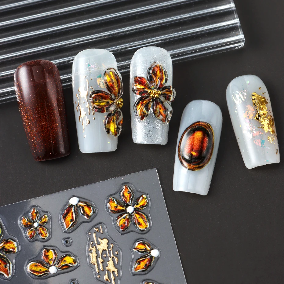 2 pçs flor marrom arte do prego adesivos 3d floral encantos decalque do prego auto-adesivo sliders folha outono decorações da arte do prego manicure