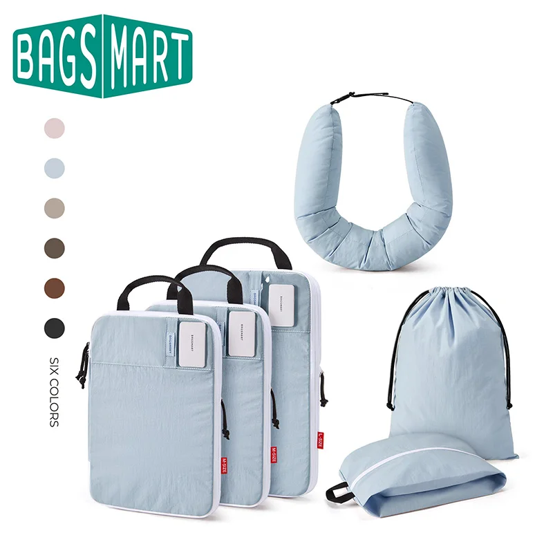 bagsmart圧縮パッキングキューブ（ネックピロー付き）6個セット-旅行用収納バッグ-耐久性・耐裂性・洗濯可能な生地-カードスロット付き