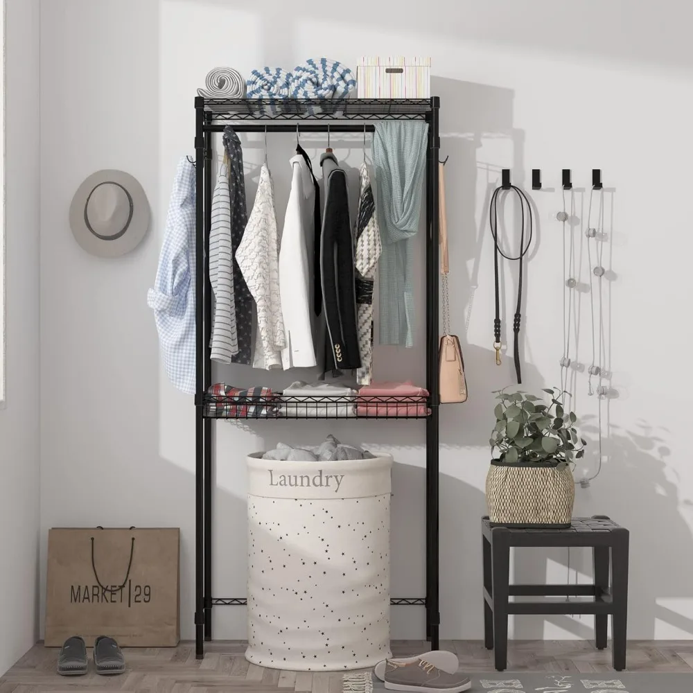 رف تجفيف الملابس بطبقتين قابل للتعديل مع رف تخزين وخطافات جانبية لتنظيم الغسيل