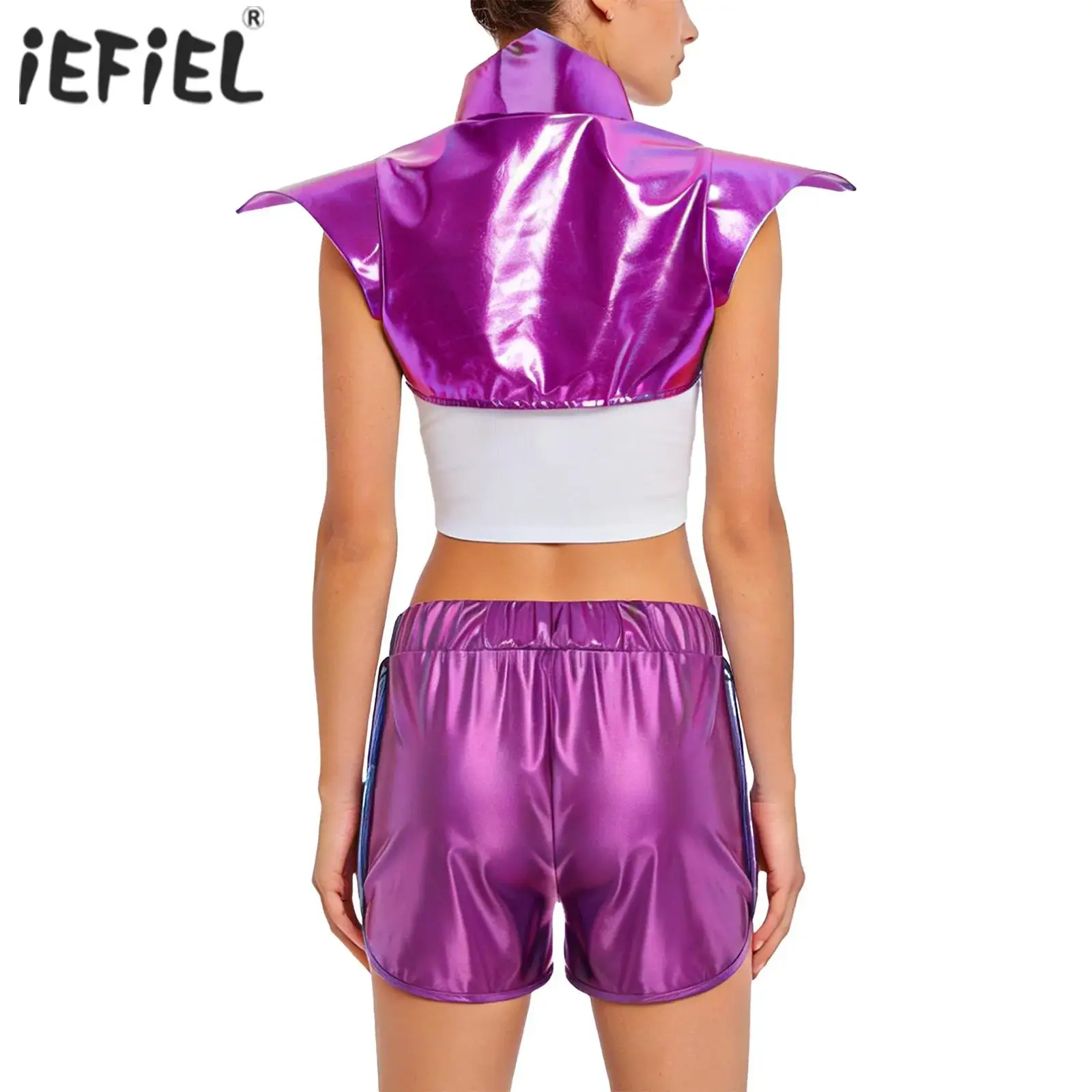 

Womens Shiny Metallic Alien Astronaut Cosplay Costume Gothic Armor And Side Pockets Rave Booty Shorts Space Cadet Rave Clubwear