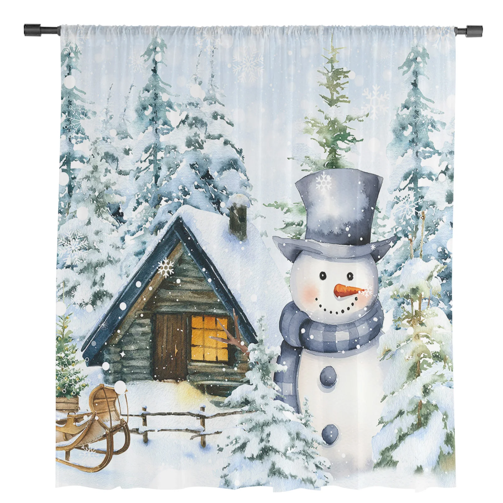 Christmas Snowman Snow Scene Farm Window Tulle Curtains for Living Room Kitchen Christmas Home Decor Sheer Voile Curtains