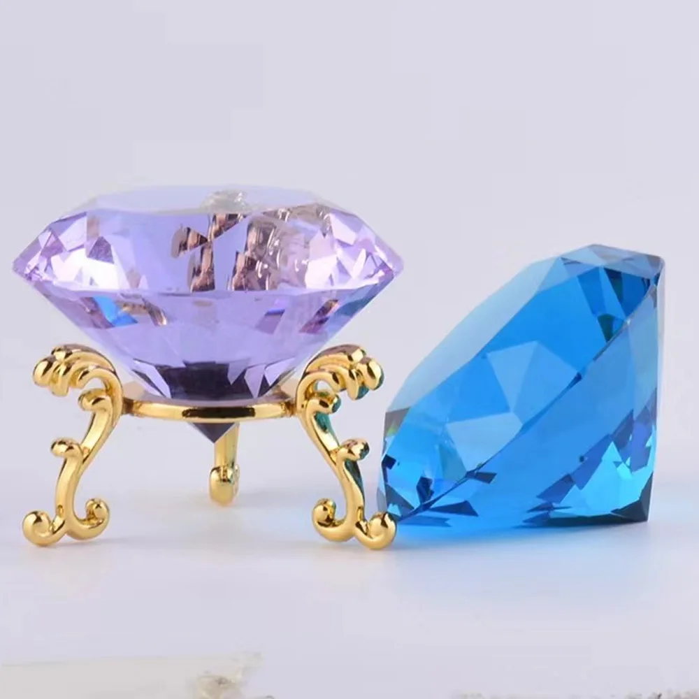 60/80mm K9 Crystal Diamond Paperweight Rainbow Maker Wedding Decoration Office Home Decor Ornaments with Gold Metal Base