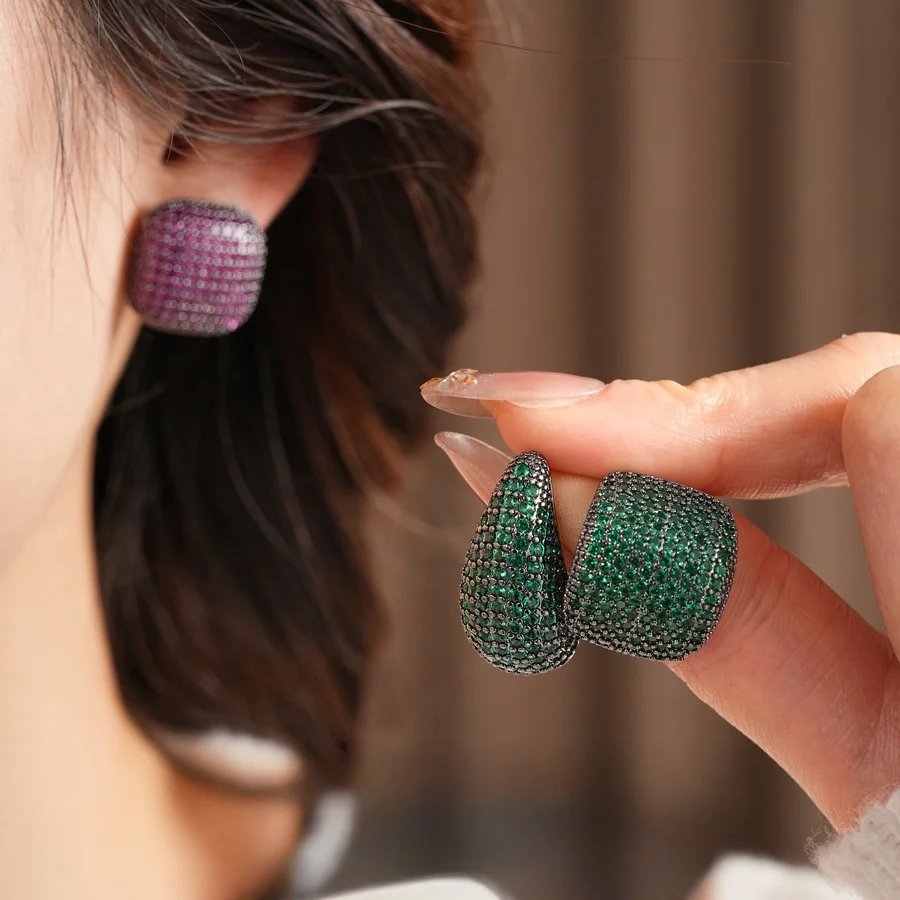 Gorgeous Micro Pave Green Cubic Zirconia Stone Stud Chess Earring Gold Plated Square Big Stud Earrings CZ Jewelry for Women