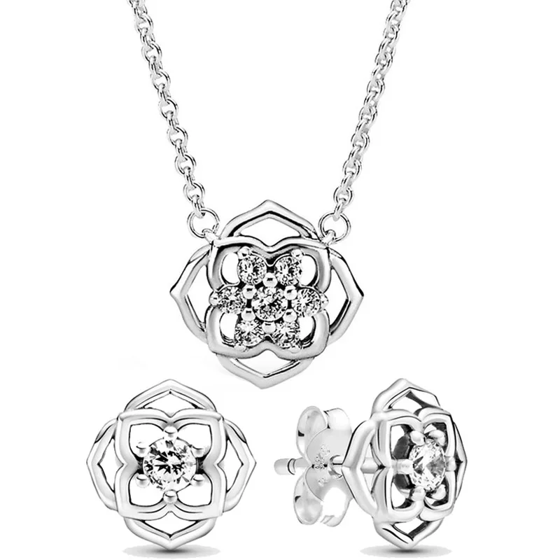 

925 Silver Rose Petal Earrings and Necklace with Crystal-set European-style Bracelet Jewelry Set As A Gift