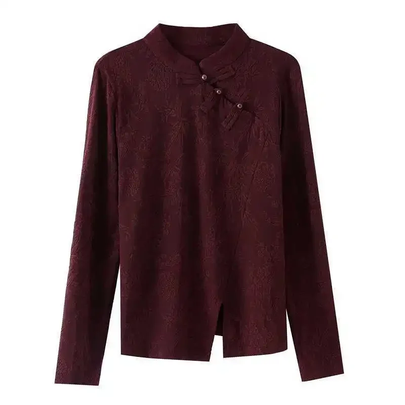 Button Female Fashionable Mother Outfit Encore Red Base Shirt Ethnic Style Retro