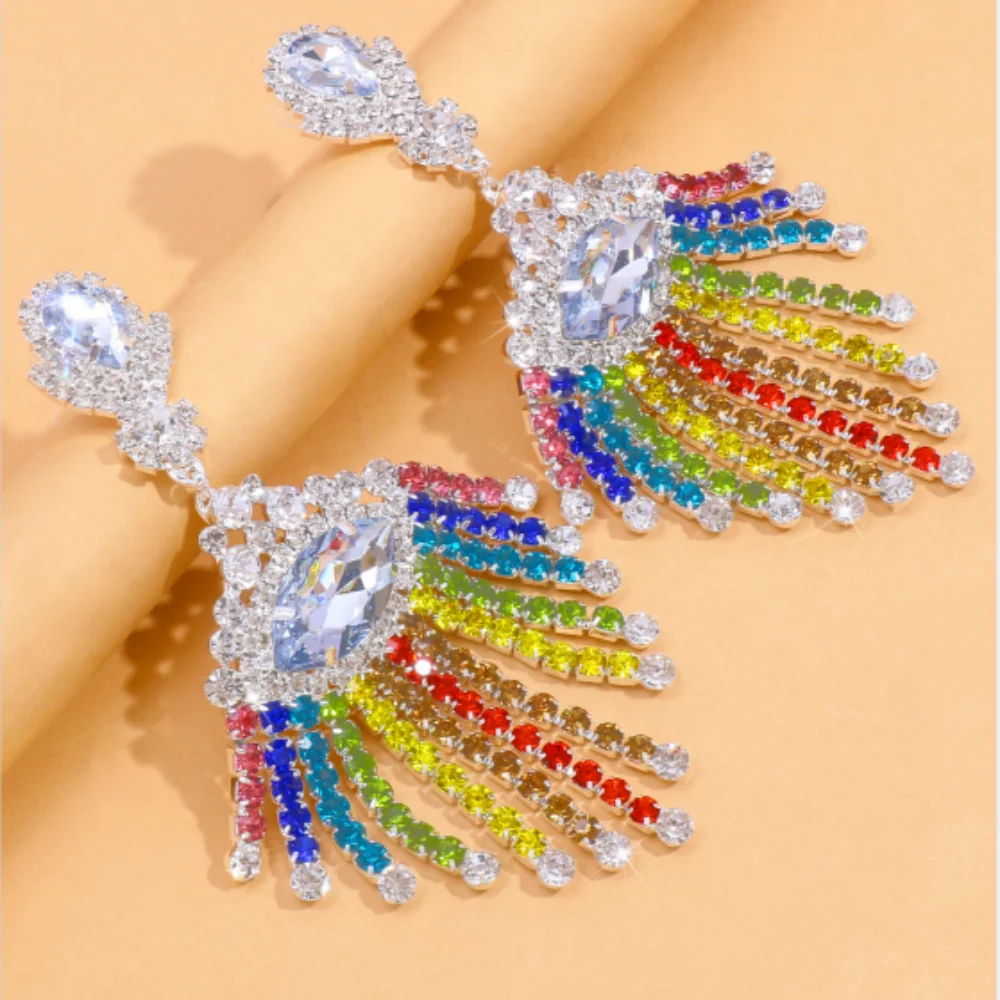 Boho Rhinestone Rainbow Geometric Fringed Dangle Earrings Drag Queen Crystal Colorful Long Tassel Drop Earrings Wedding Jewelry