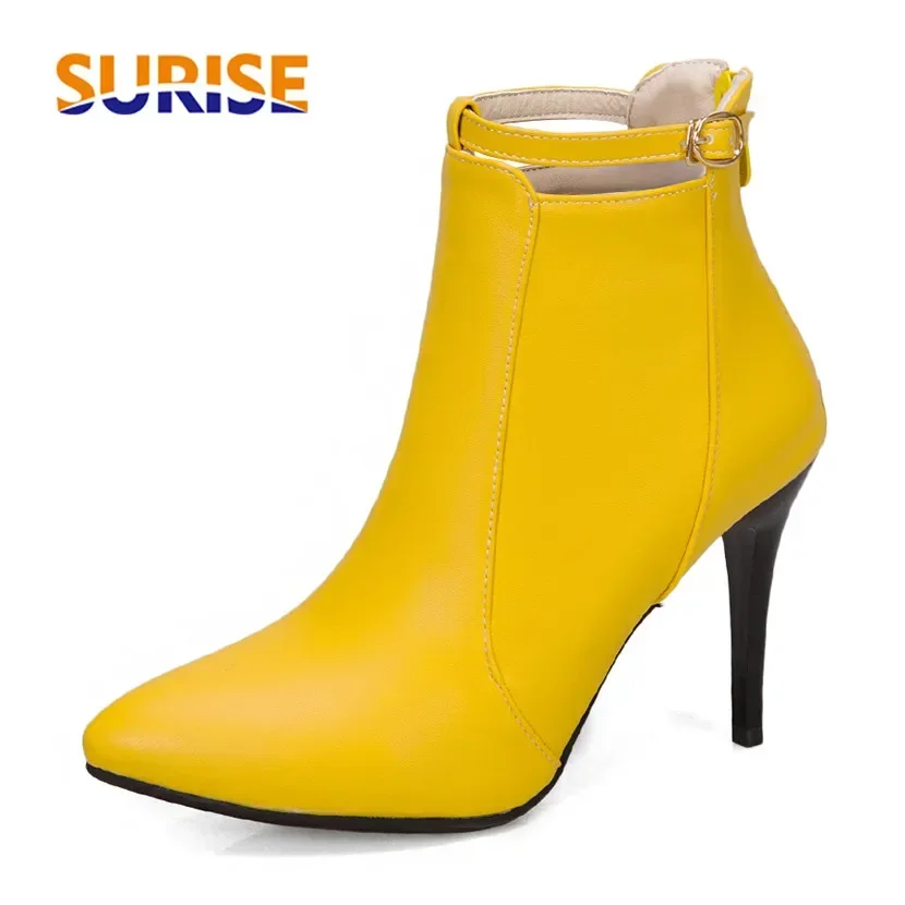 

Autumn Winter Women Ankle Boots Yellow Red High Thin Heels Sexy Party Office Lady Pointed Toe Buckle Zipper Short Stiletto Boots