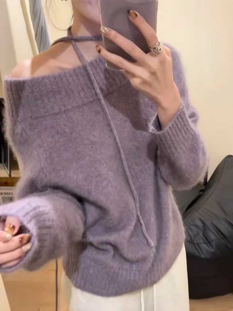 

Lu Purple Oversized Knitted Long Sve One oulder Sweater Women's Autumn Winter Loose Outerwear Inner Match Knitwear