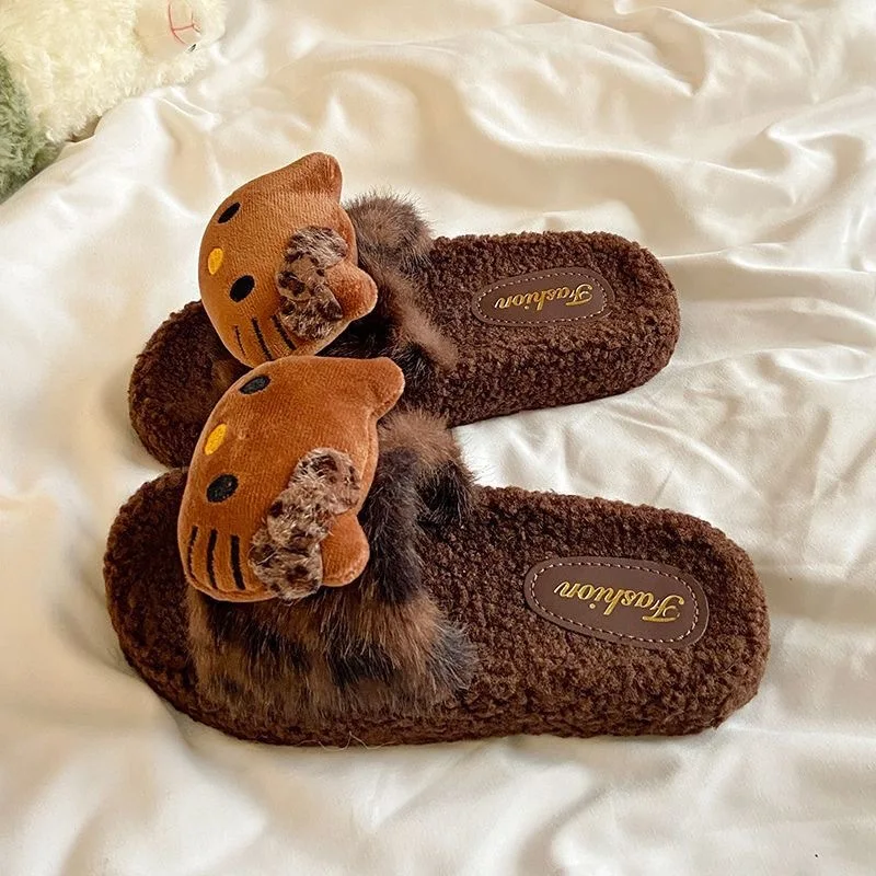 Hello Kitty Cartoon Leopard Print Fur Slippers Kawaii Indoor Comfortable Non-Slip Slippers Cute Couple Cotton Shoes Gift