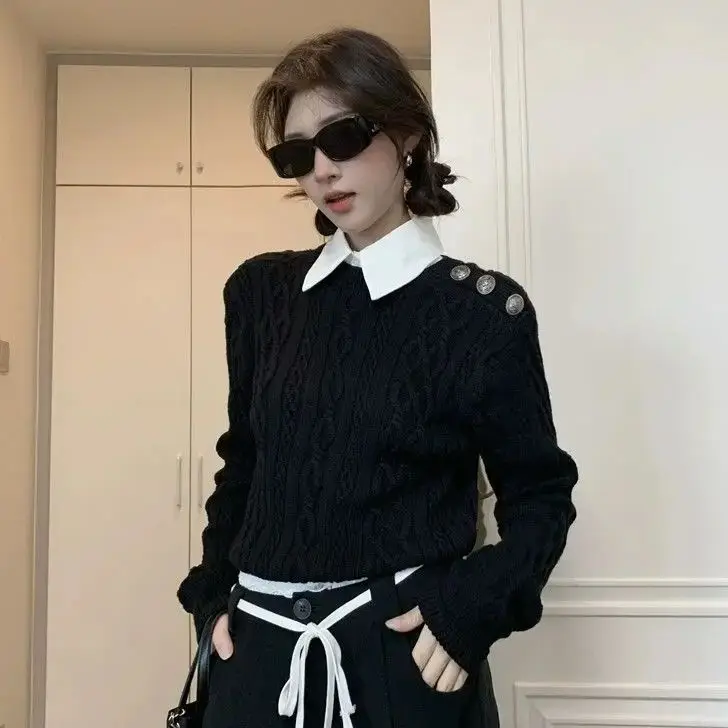 Fake Two-Piece Knitted Sweater Spliced ​​Polo Collar Long-Sleeved Women Autumn Retro Contrast Sweater Temperament Loose