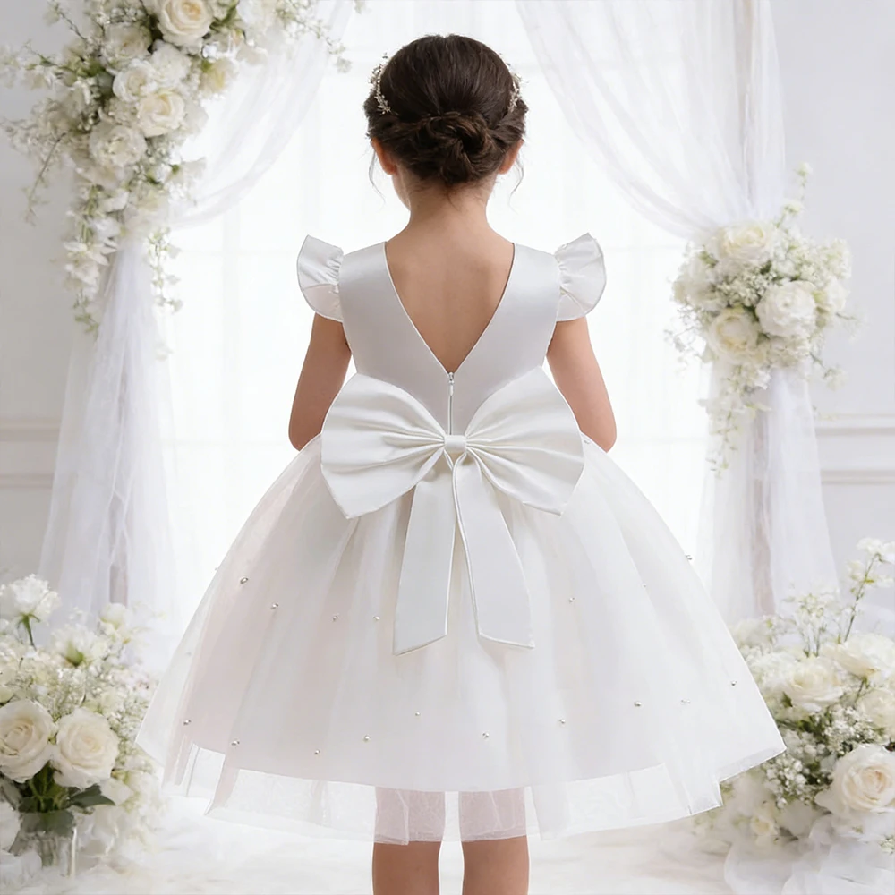

Элегантное белое платье принцессы без спинки с бантом и цветами для девочек, нарядное вечернее платье для крещения, свадьбы или в качестве платья подружки невесты