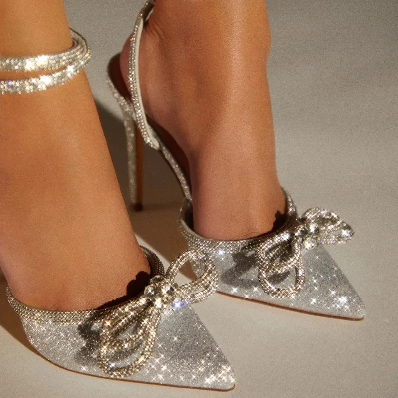 Luxury Shiny Rhinestone Pointed Bow Pumps Strapes Wedding for Women 2024 New Fashion High-heeled Shoes Party Costume Bridal Gift