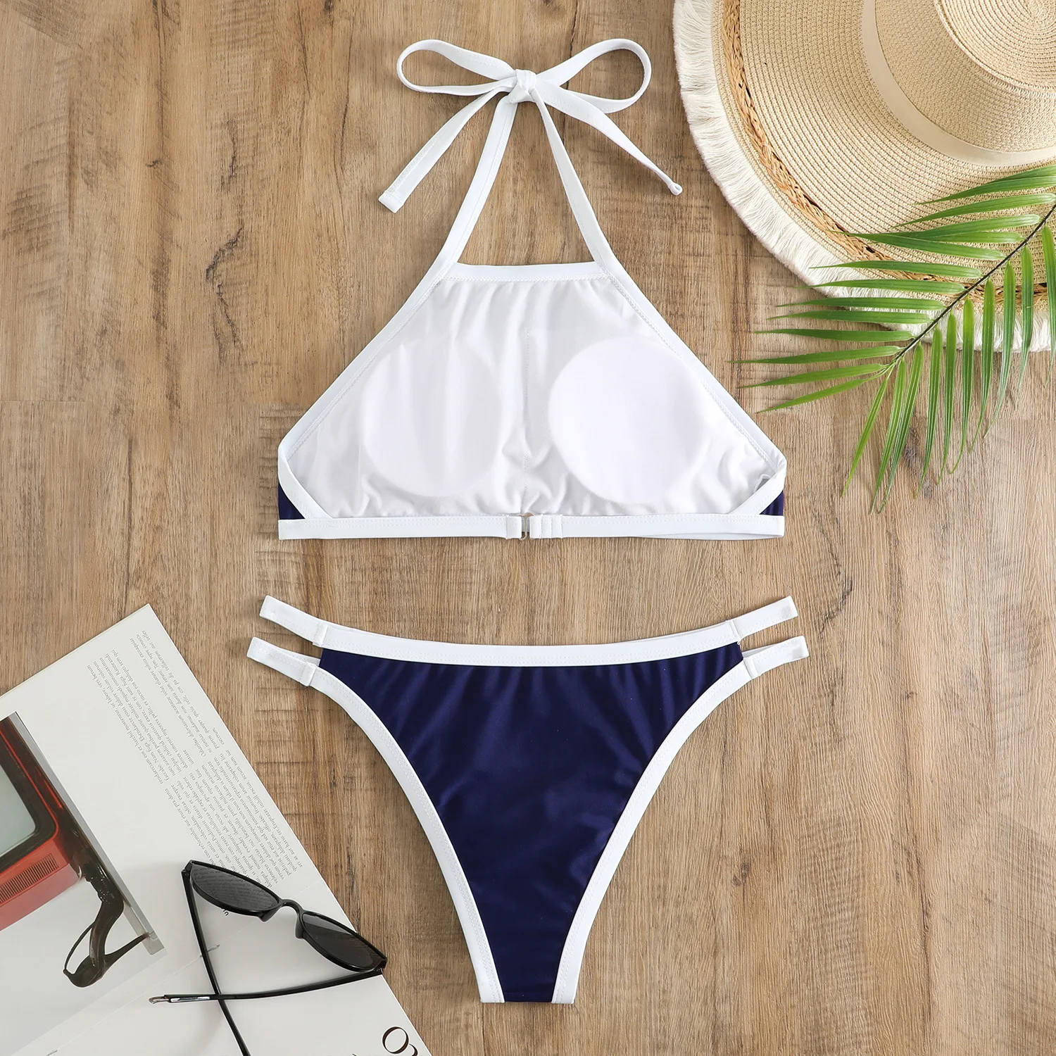 Sexy Neckholder-Bikini-Sets mit Krawatte, Patchwork, zweiteilig, rückenfrei, hohe Taille, Badeanzug, Bademode, conjunto de Bikini, Tankini, Strandmode