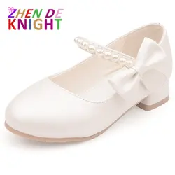 Spring Children's Leather Shoes White Bow Girls High-heeled Princess Shoes Fashion Simple Catwalk Pearl Shoes Size 26-38