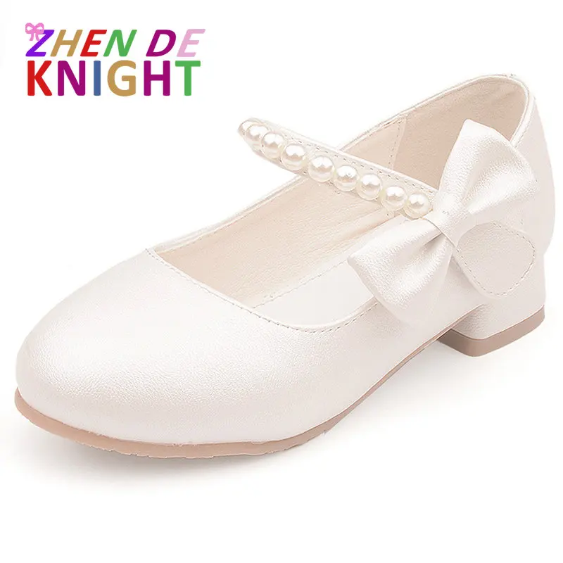 Spring Children's Leather Shoes White Bow Girls High-heeled Princess Shoes Fashion Simple Catwalk Pearl Shoes Size 26-38