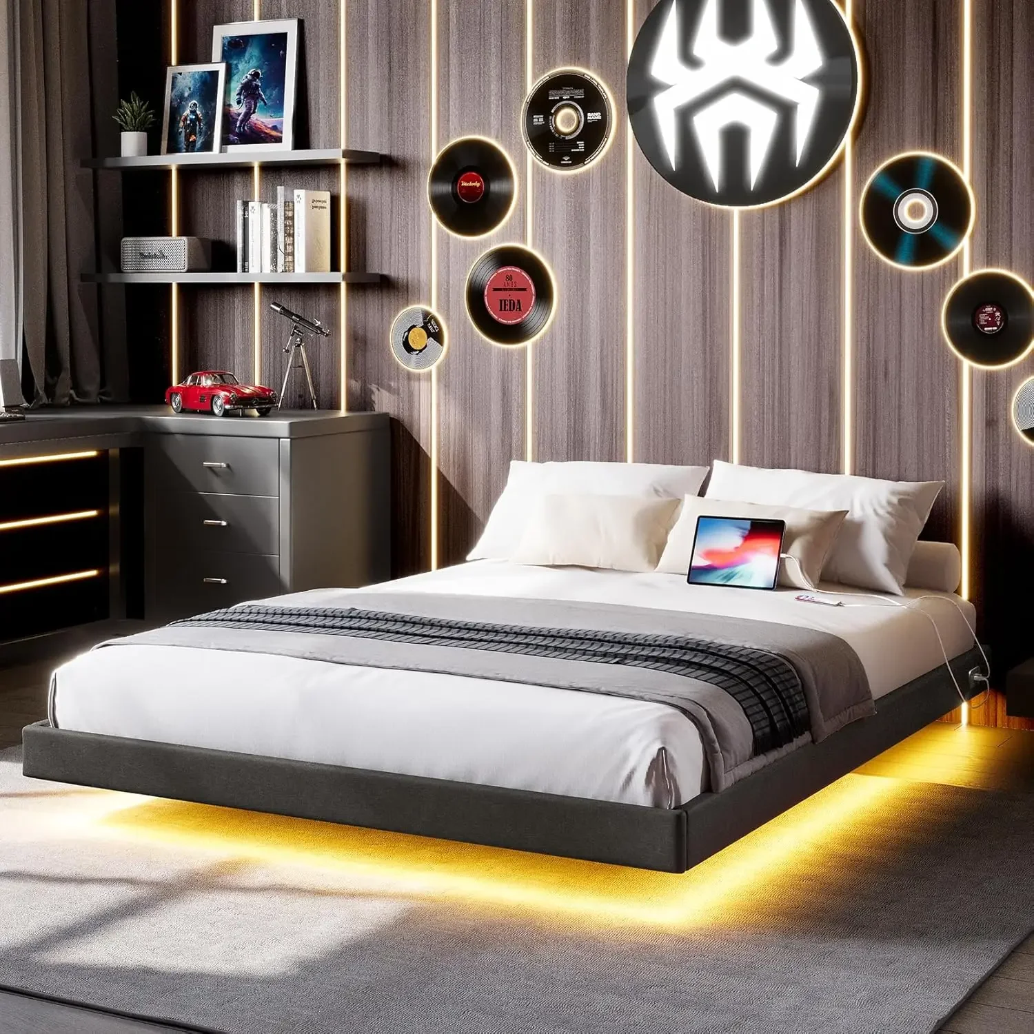 

Floating Bed Frame Queen Size with RGB LED Lights and Type-C&USB Ports, Upholstered Platform Queen Bed with Wood Slats