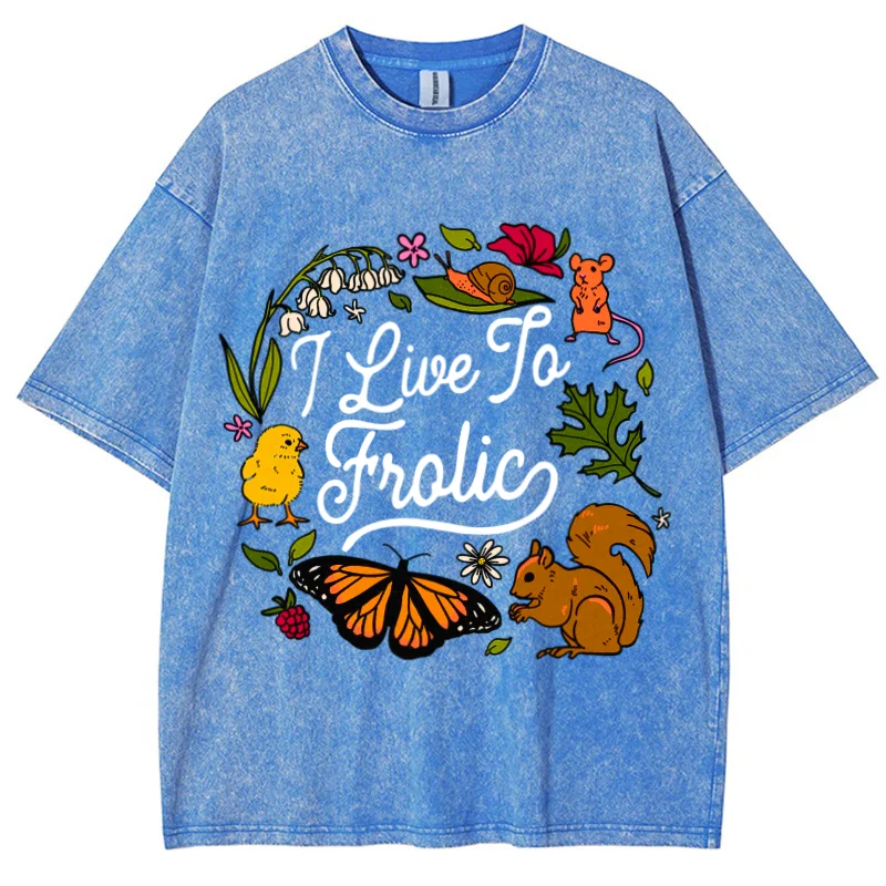 Hamster Butterfly Squirrel Flower Wreath Print T-Shirt Old Trend Oversize Neutral Style Round Neck Sleeve Short Sleeve