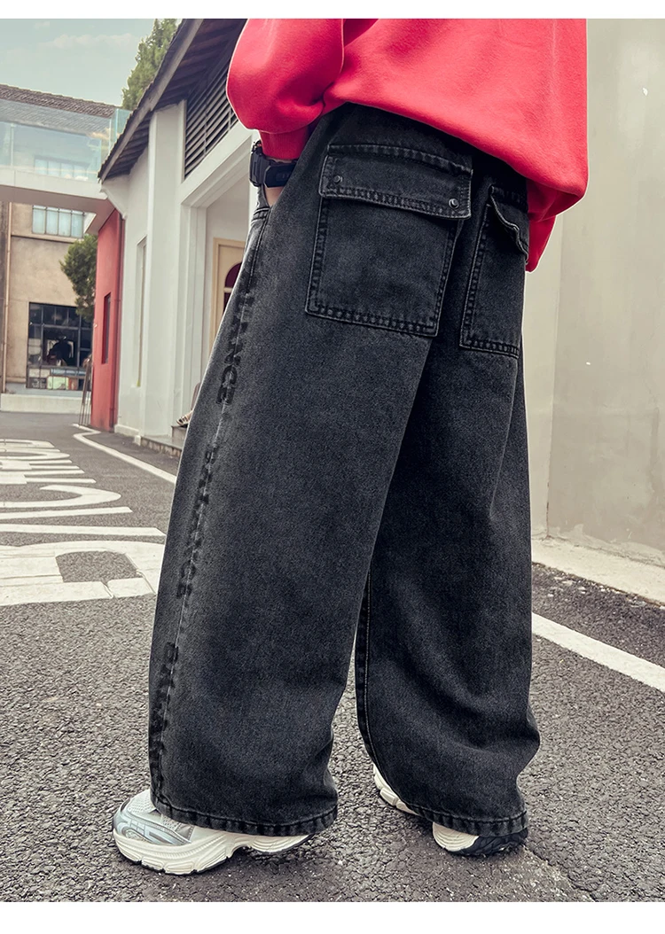 Frühlings- und Herbst-Kinderjeans in Schwarz, lockere gerade Hosen für Jungen, weite Denim-Hosen für Teenager. – Detail 8