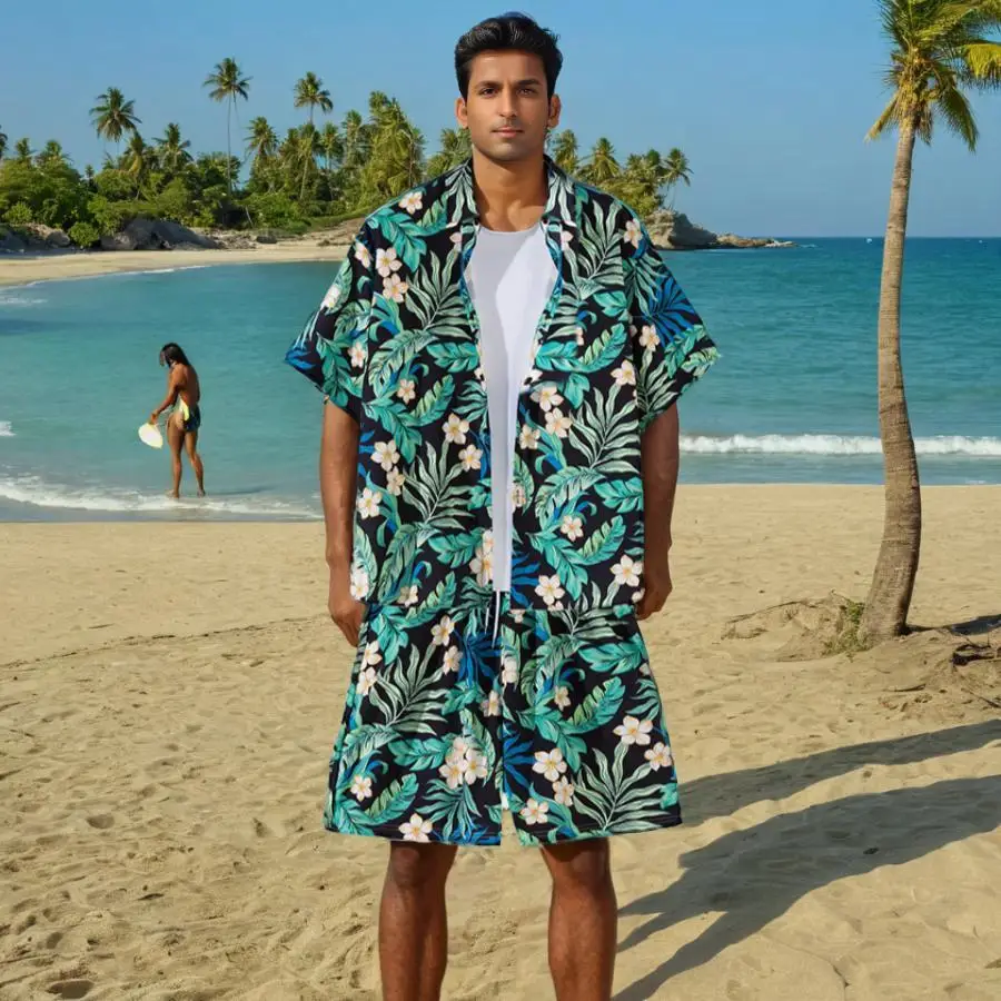 

2024 Men Hawaiian Print Short Sleeve Shirt Loose Shirt Shorts Beachwear 2 Piece Men Summer Travel Shirt Fashion Short Sleeve