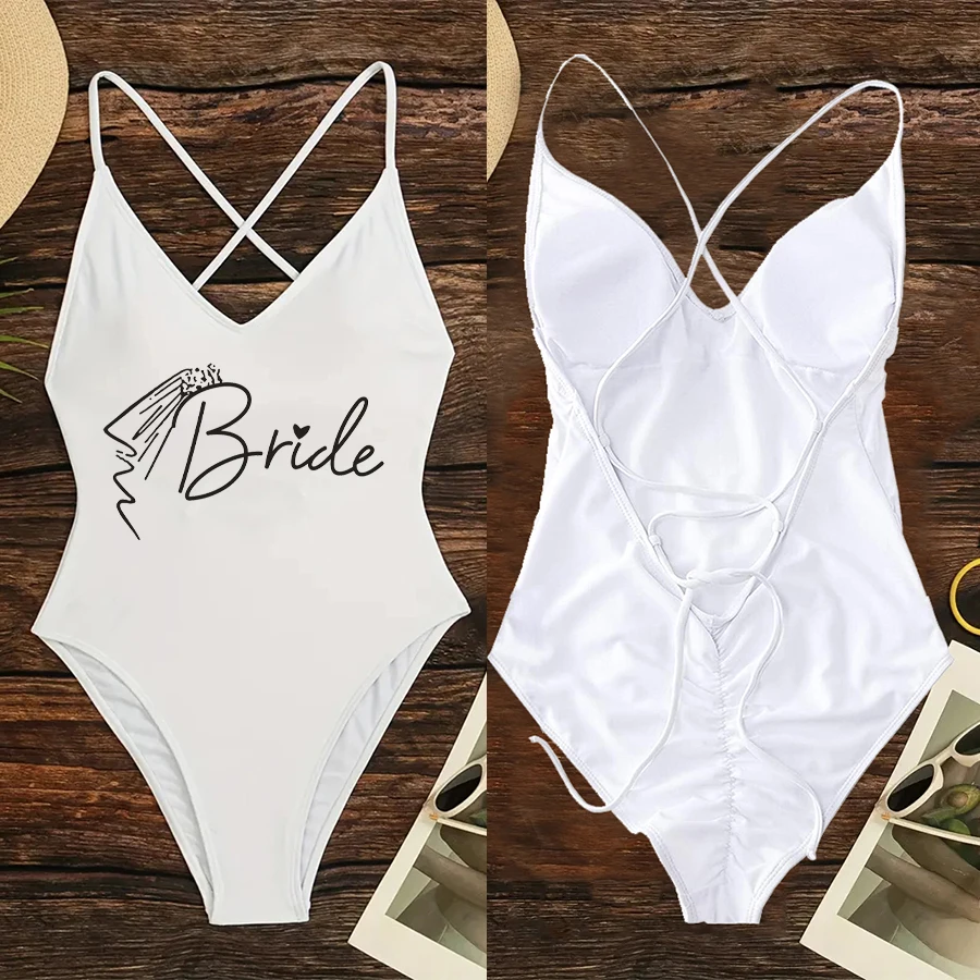 Veil Padded One Piece Swimsuit BRIDE SQUAD Letter Print Swimwear Women Bikini Bathing Suit Summer Bodysuit Backless monokini