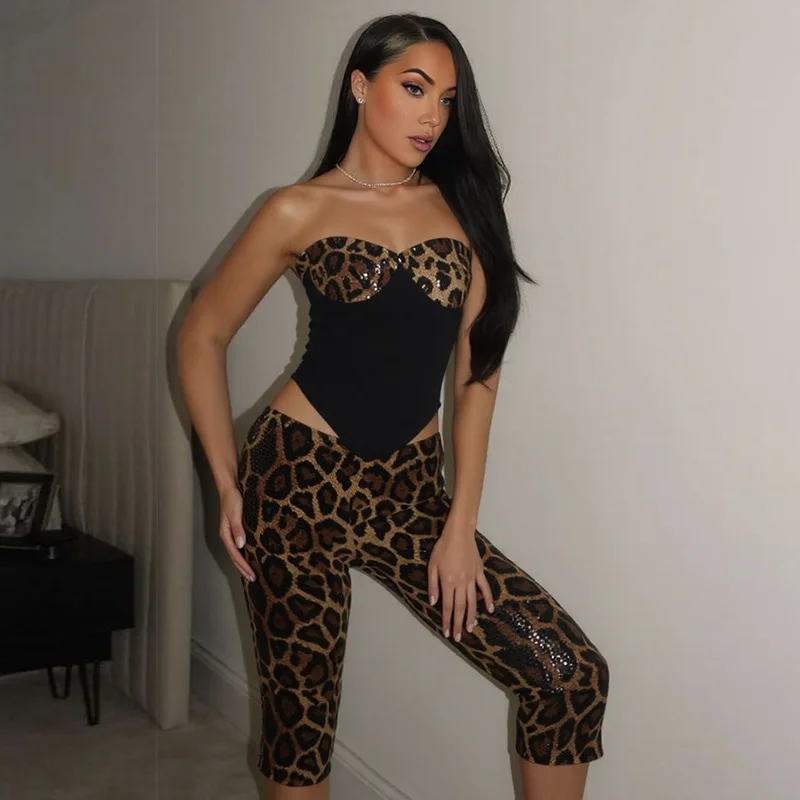 Leopard Sequins 2 Pcs Pants Set Top Bra+Trousers Party Prom Outfit Causal Daily Formal Wedding Guest Birthday Evening Coat