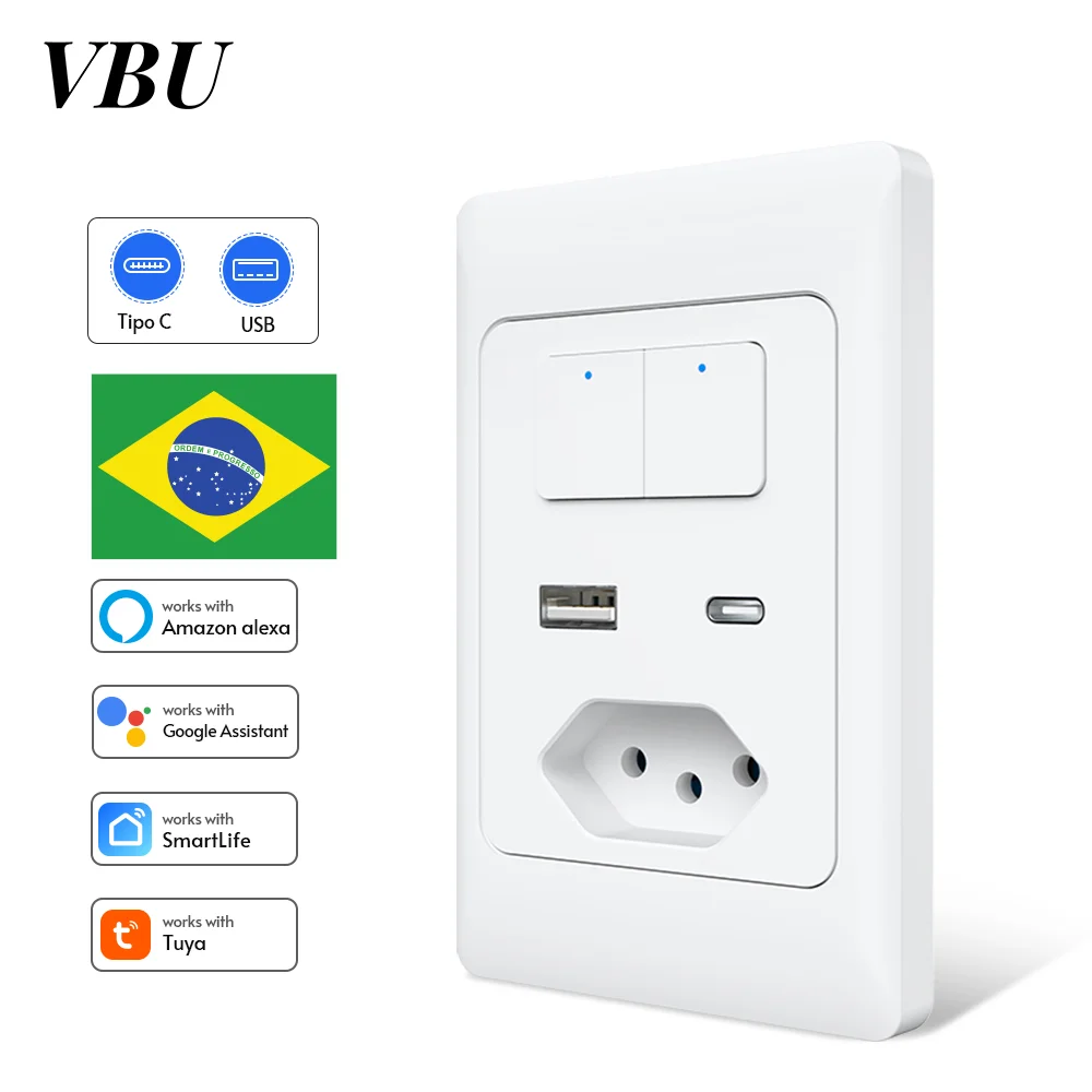 

VBU Бразилия Умная розетка WiFi со встроенным портом Type-C USB Индивидуальное управление, Tuya Умная розетка для работы с Alexa и Google Home