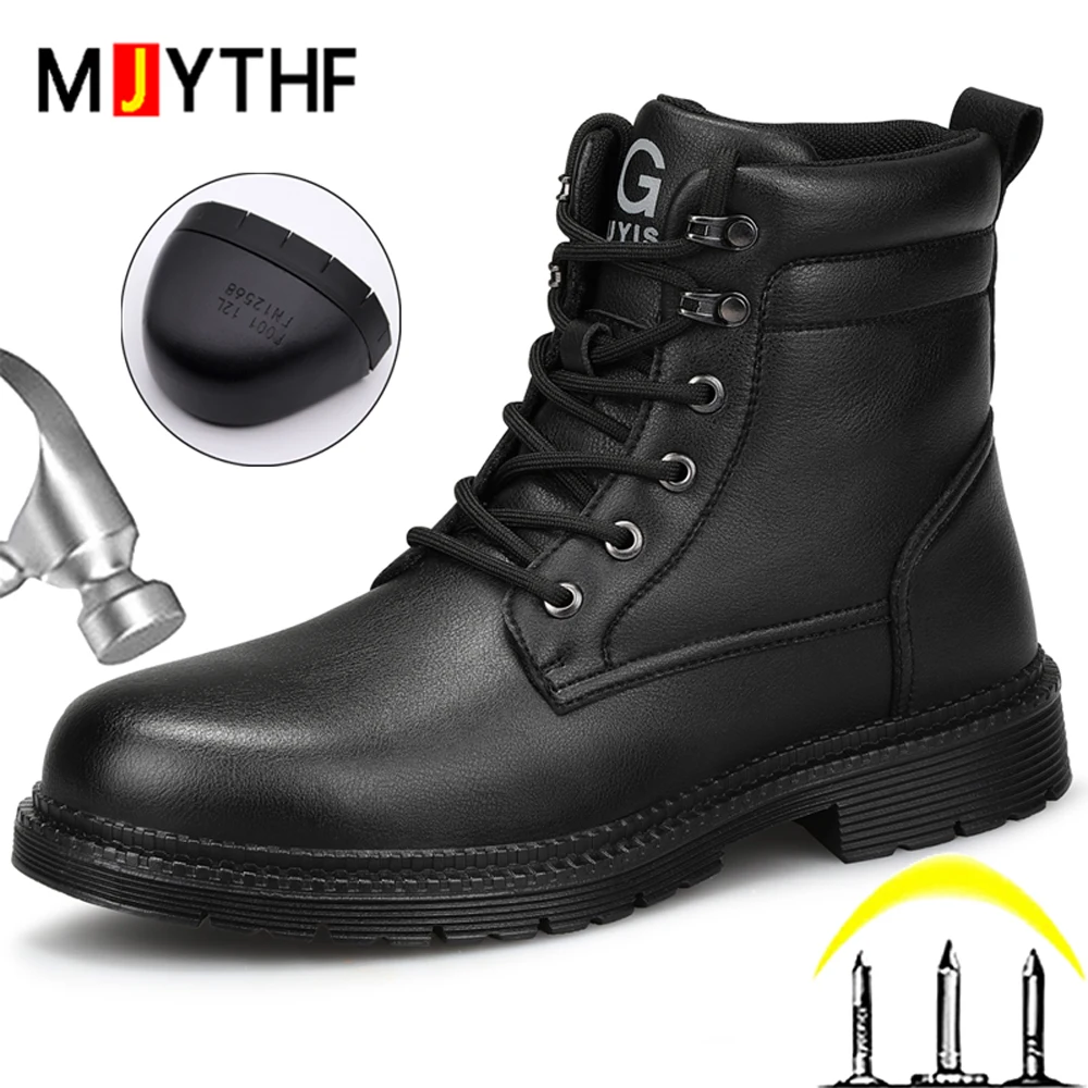 Men Leather Boots Warm Winter Boots Safety Shoes Men Waterproof Work Boots Puncture-Proof Indestructible Shoes Security Boots