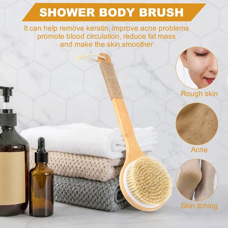 Dry Skin Body Brush Bath Exfoliating Brush Natural Bristles Back Scrubber With Long Wooden Handle For Shower, Remove Dead Skin,