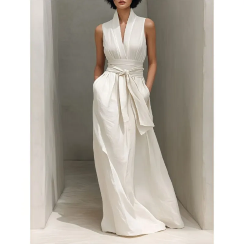 

Women's Casual Sleeveless Solid Maxi Dress Spring Elegant V Neck High Waist Belted Long Dresses Summer Beach Vacation Boho Dress