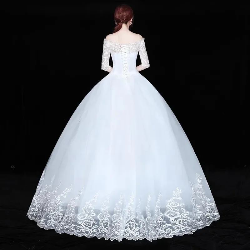 Cheap Wedding Dress White Embroidery Off the Shoulder Half Sleeves Lace up Princess Floor-length Plus size Bride Ball Gown XN020