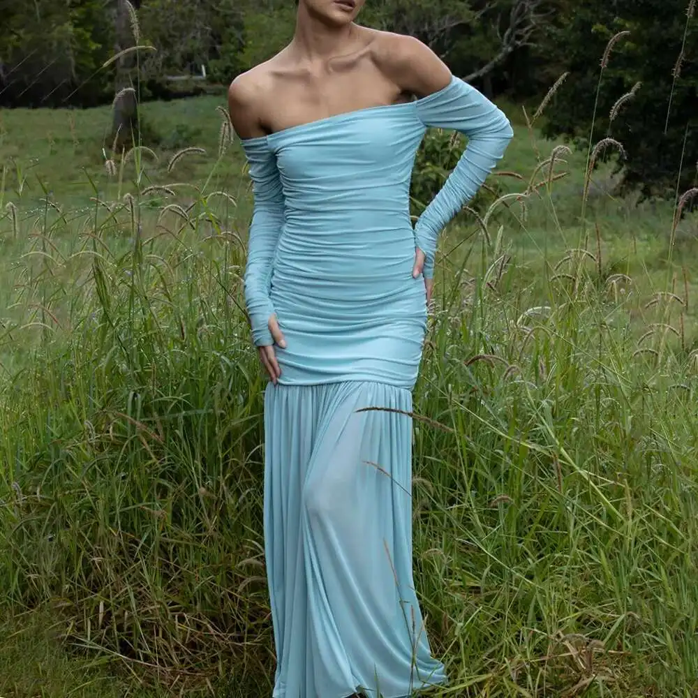 

Summer Fashion Temperament, One Shoulder Strapless Long Skirt, Sexy Backless Pleated Slim Fit Dress for Women Robe Vestido Women