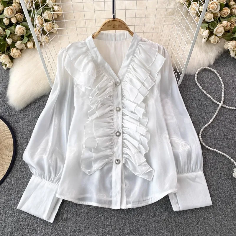 Blusa feminina vintage de manga comprida com decote em v babados, solta sólida de botão de cetim, coreana, temperamento, tops casuais, 29923