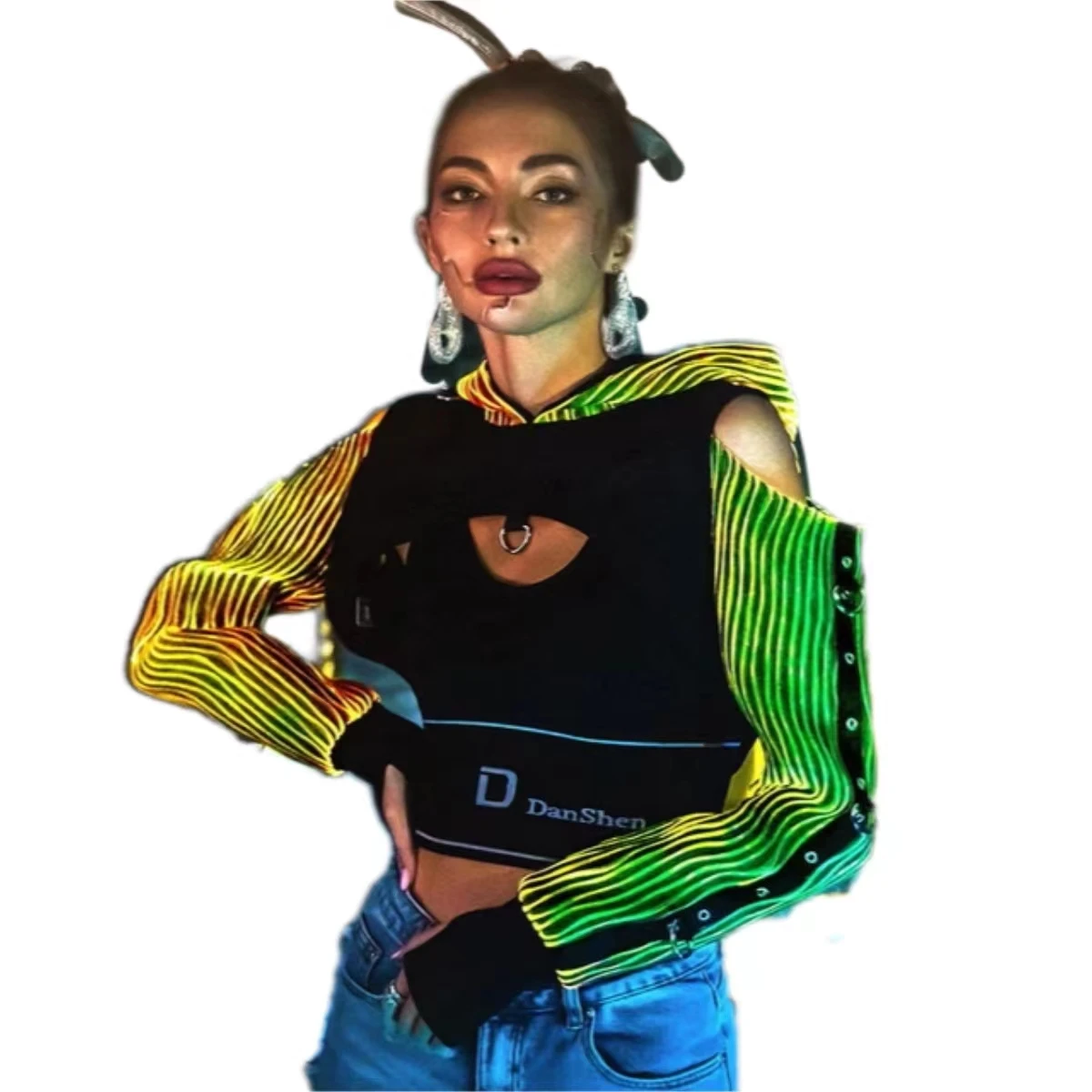 

LED Light Up Fiber Optic Unisex Steampunk Long Sleeve Top Jacket Cosplay Hollow Cosplay Prop