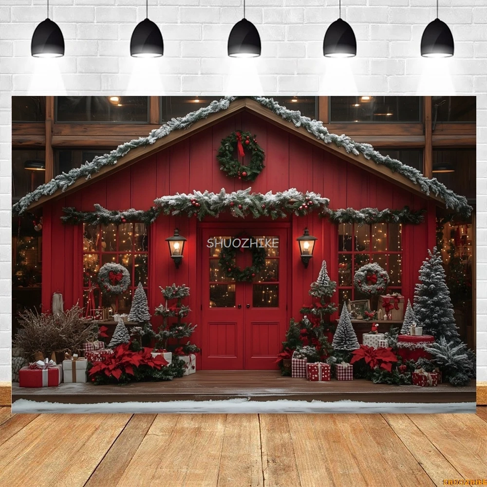 متجر هدايا عيد الميلاد التصوير خلفية الثلوج شجرة عيد الميلاد الهدايا متجر نافذة الباب إكليل الاطفال صورة التصوير خلفية ديكور