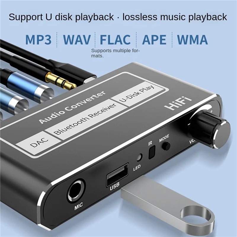 2X محول HIFI DAC لاسلكي بلوتوث 5.2 استقبال الصوت محوري إلى R/L 3.5 مللي متر Aux محول مع U القرص اللعب Mic-Y47A