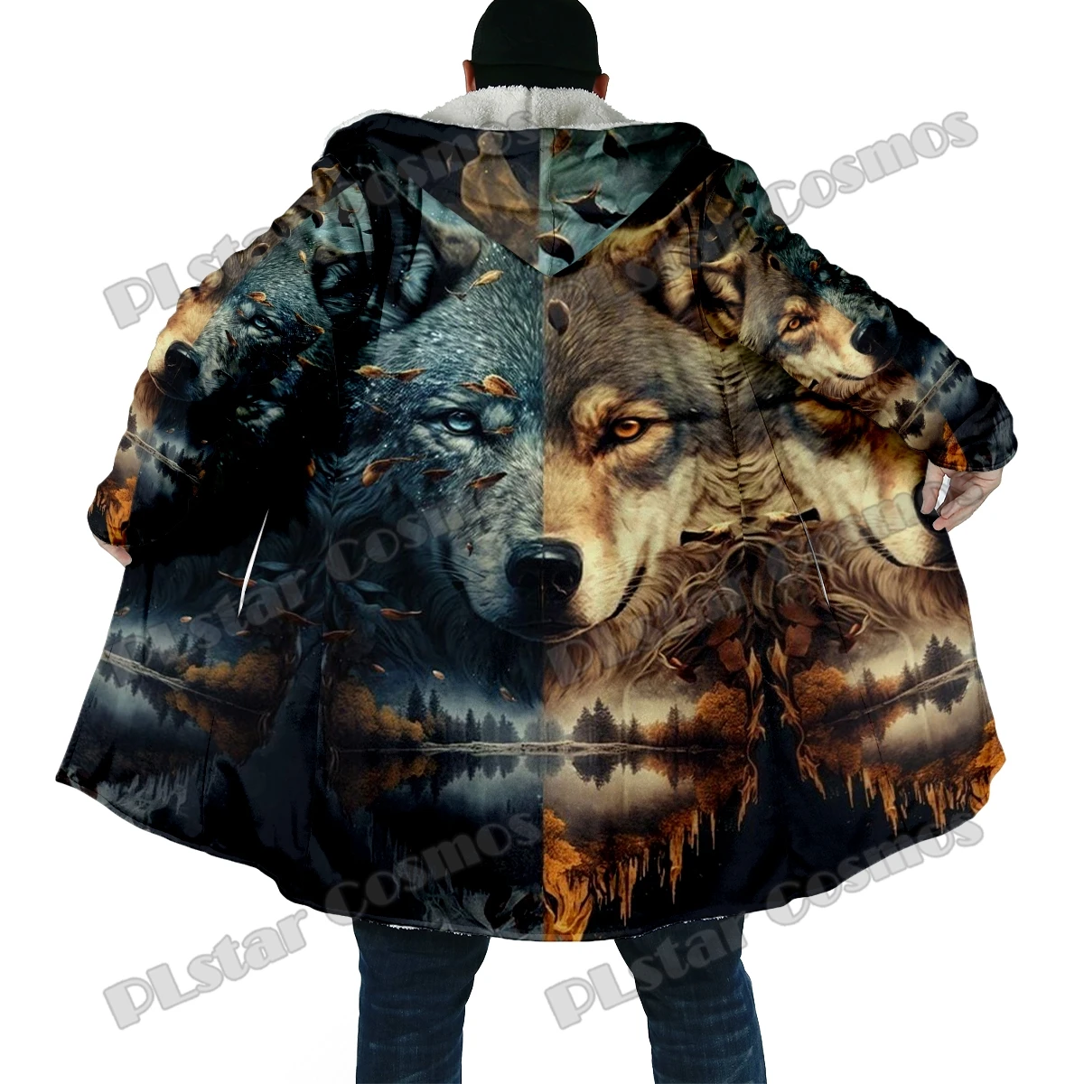 

Winter Fashion Men's cloak Wolf And Moon Pattern 3D All Over Printed Thick Fleece Hooded Cloak Unisex Casual Warm Cape Coat BB53