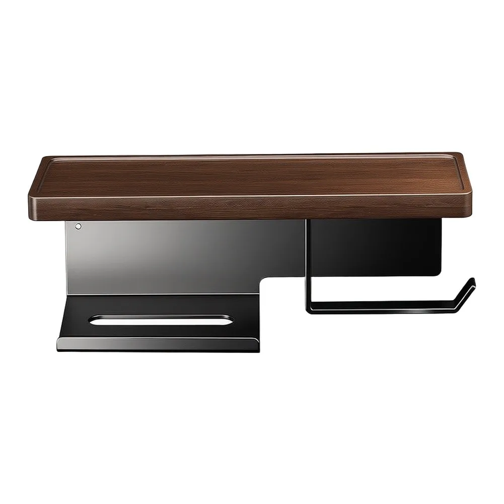 Walnut Wood No Punching Toilet Paper Holder Stainless Steel Storage Shelf For Bathroom Wet Wipes Phone Organizer Rack