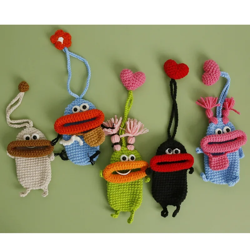 Cute Cartoon Hand-woven Sausage Mouth Key Bag DIY Wool Crocheted Earphone Bag or Car Pendant