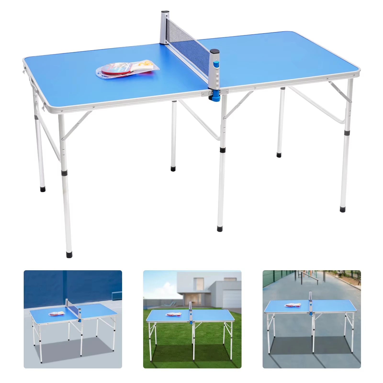 ​​Foldable Ping Pong Table Compact 60x30x30 Inch MDF Top Aluminum Frame with Net 2 Rackets 3 Balls for Indoor Outdoor Use​​