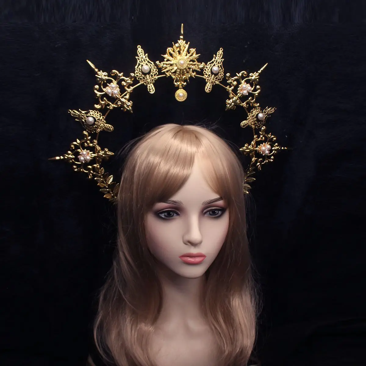 Halo Crown Headpiece Women Girl Goddess Gothic Headband Virgin Mary Baroque Bead Chain Hair Accessories