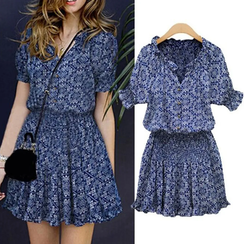 

Women Casual Summer Mini Print Dresses Short Sleeve V-neckline Beach Vintage Boho Style Dress Loose Elegant Party Vestido